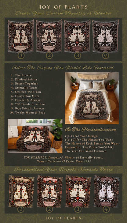 Cat Blanket 'Til Death do us Part' Personalized | Boho Aesthetic Woven Throw Custom His and Hers Gift for Cat Lover Scandinavian Tapestry |
