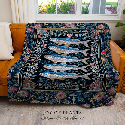 Whimsical Sea Life Sardine Woven Blanket | Cozy Nautical Lake House Throw Eclectic Coastal Aesthetic Maxmialist Tapestry Vintage Sea Life |