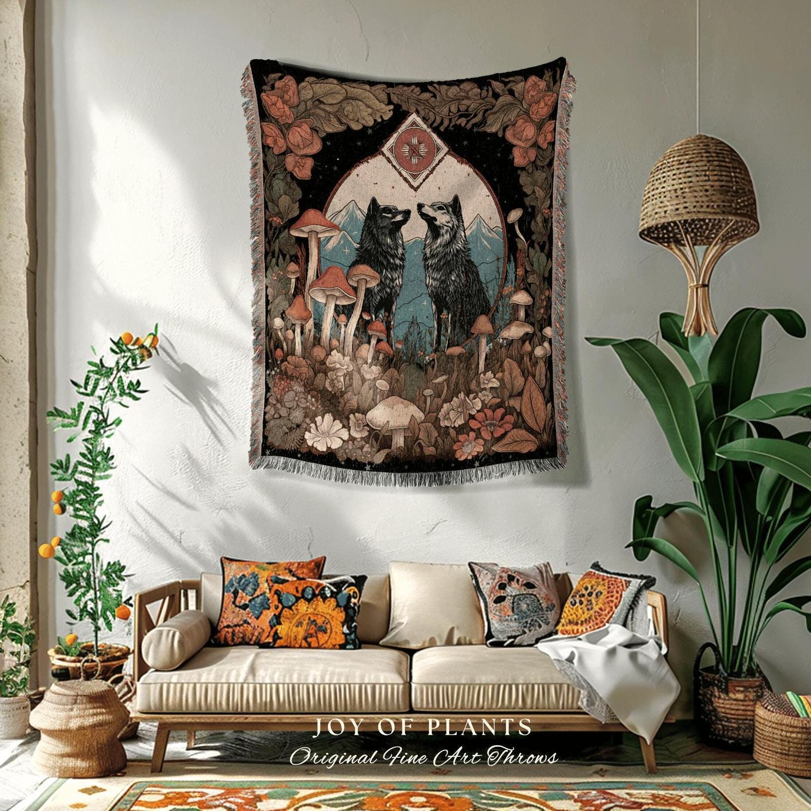 Scandinavian Wolf Cozy Throw Blanket | Outdoorsy Gift Wolf Aesthetic Nordic Blanket Medieval Aesthetic Nordic Throw Unique Mushroom Decor |