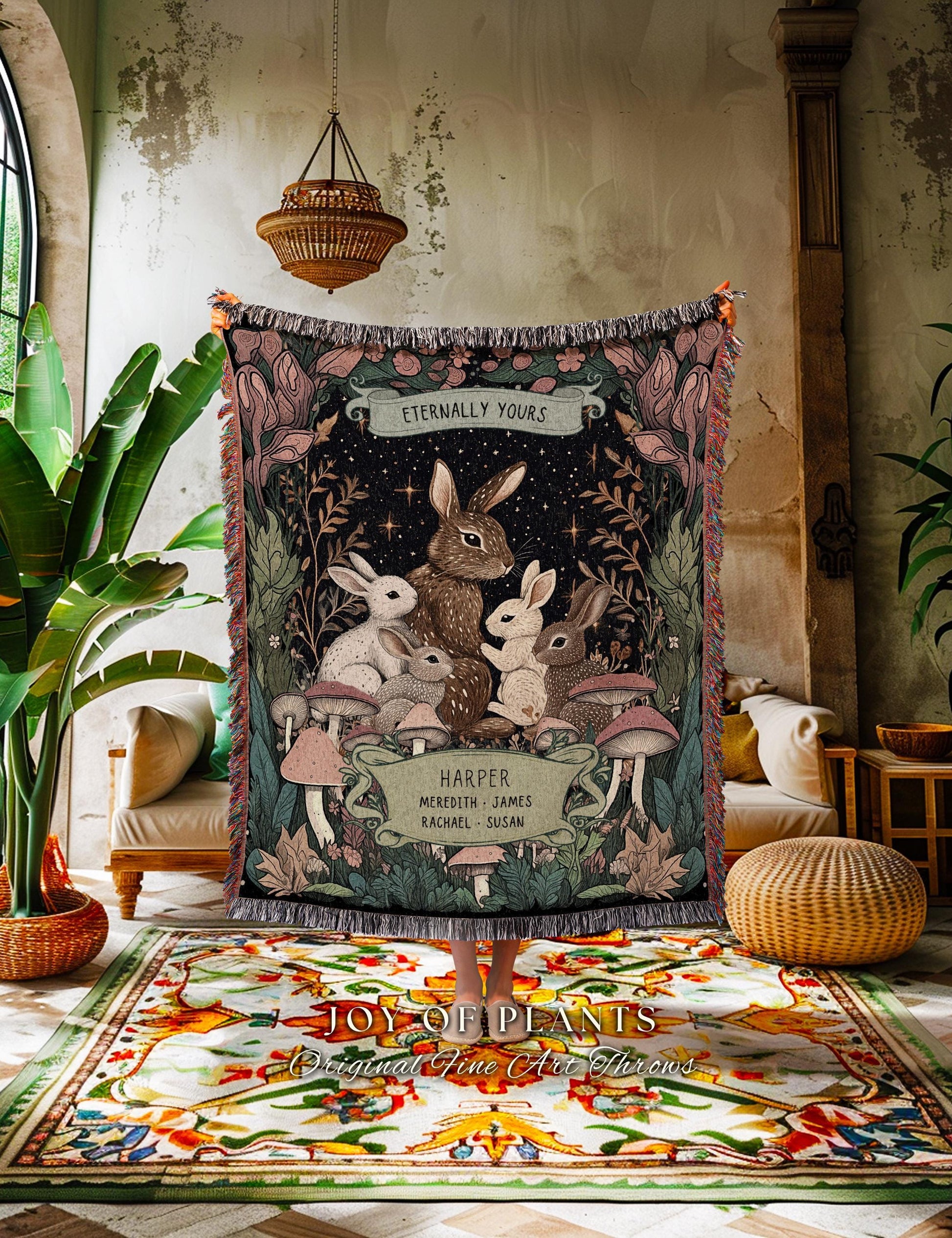 Custom Family Members Tapestry Woodland Whimsy | Ethereal Cottagecore Throw Blanket Celestial Decor Names Meaningful Gift From Children Cute