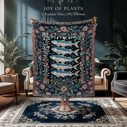 Whimsical Sea Life Sardine Woven Blanket | Cozy Nautical Lake House Throw Eclectic Coastal Aesthetic Maxmialist Tapestry Vintage Sea Life |