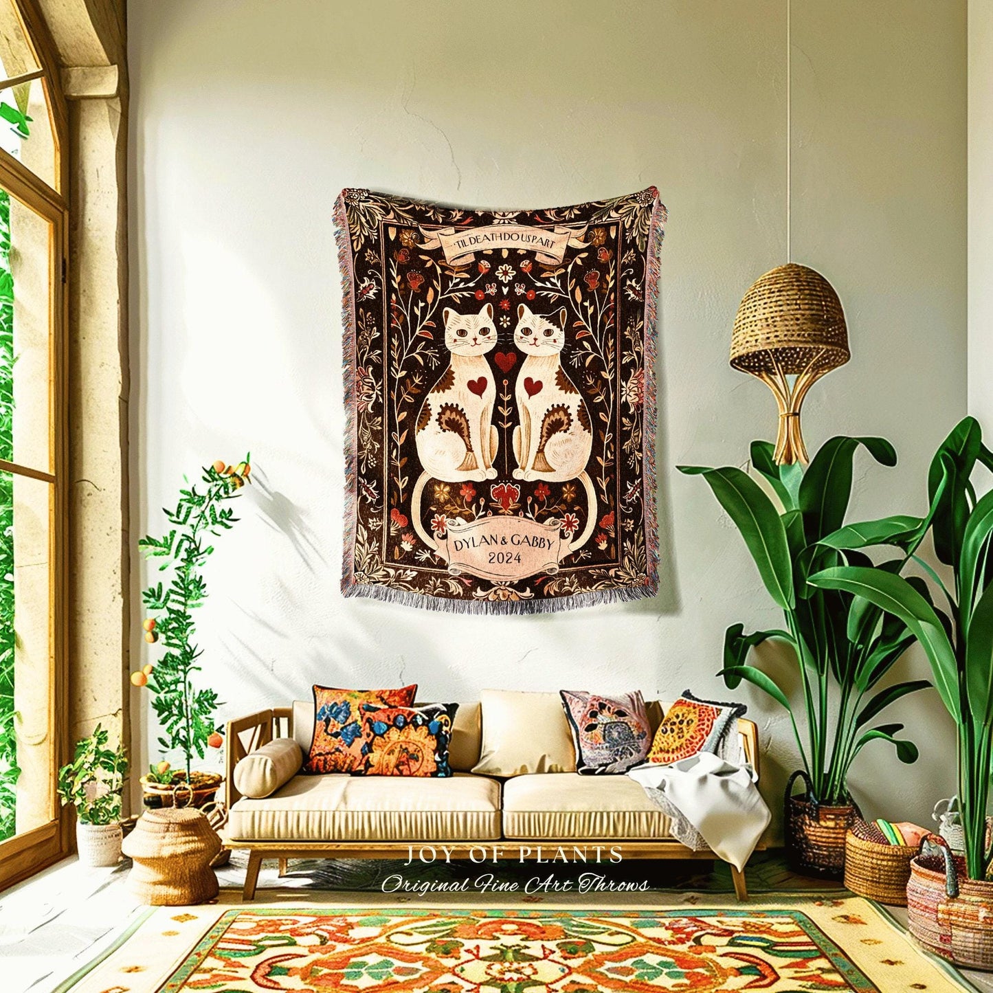 Cat Blanket 'Til Death do us Part' Personalized | Boho Aesthetic Woven Throw Custom His and Hers Gift for Cat Lover Scandinavian Tapestry |