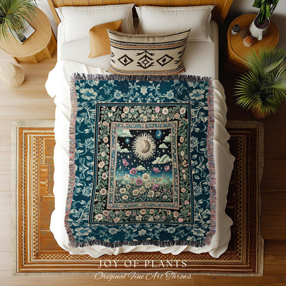 Floral Gothic Celestial Tapestry Woven | Witchy Tarot Sun Moon Stars Spiritual Tarot Decor Bohemian Indie Bedroom Cozy Cottagecore Aesthetic