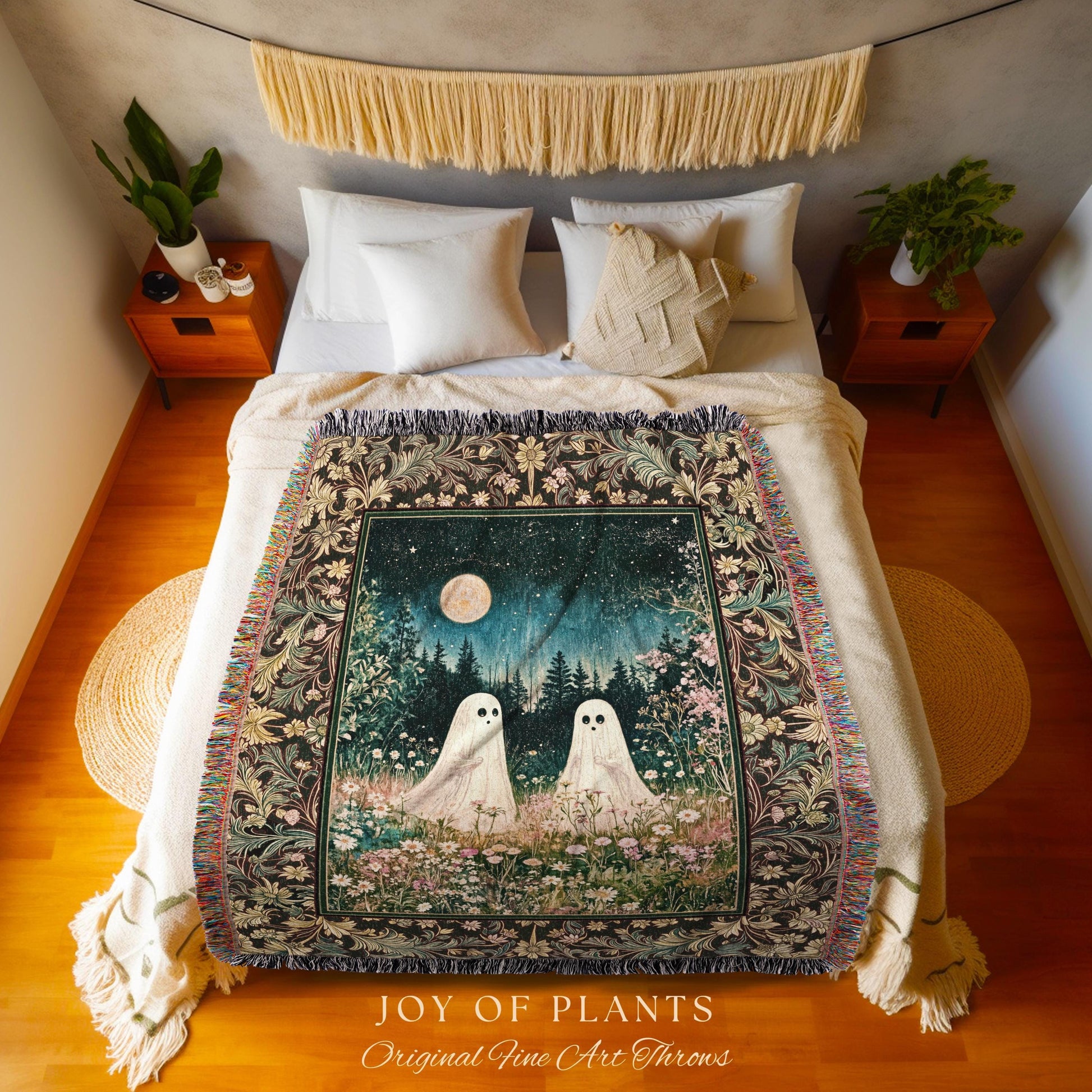 Autumn Spirits Lunar Meadow Ghost Throw | Spirit Tapestry Spooky Season Cottagecore Decor Gothic Enchantment Floral Blanket Woodland Fairy