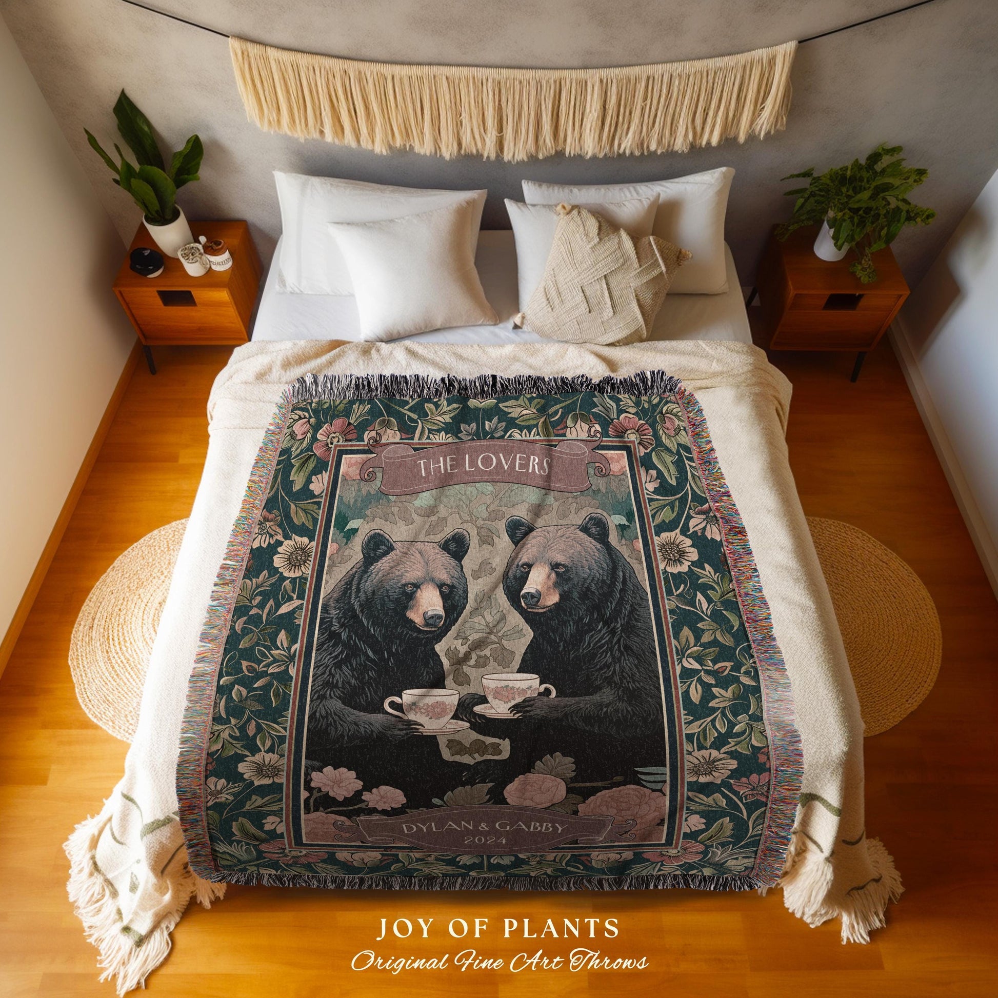 Cozy Aesthetic Bear Couple Custom Tapestry | Woodland Magic Personalized Wedding Anniversary Woven Tapestry Cute Gift Storybook Fairytale |