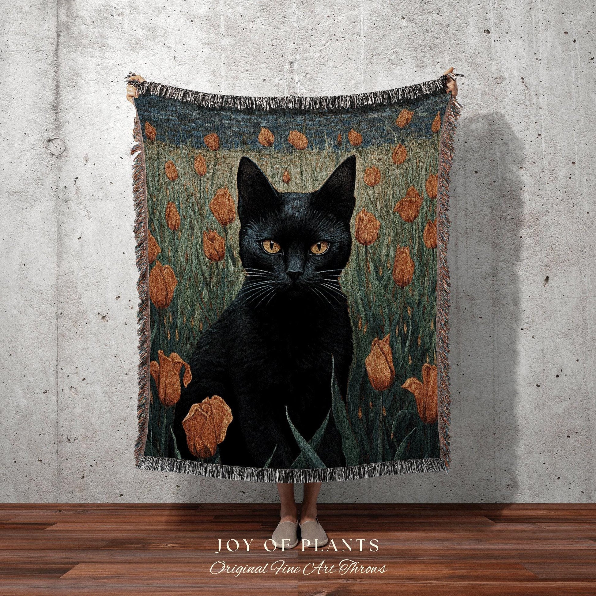 Tulip Fields Painting Black Cat Halloween Decor Tapestry Black Cat Woven Blanket | Spooky Cat Halloween Decor Dark Cottagecore Art Tapestry