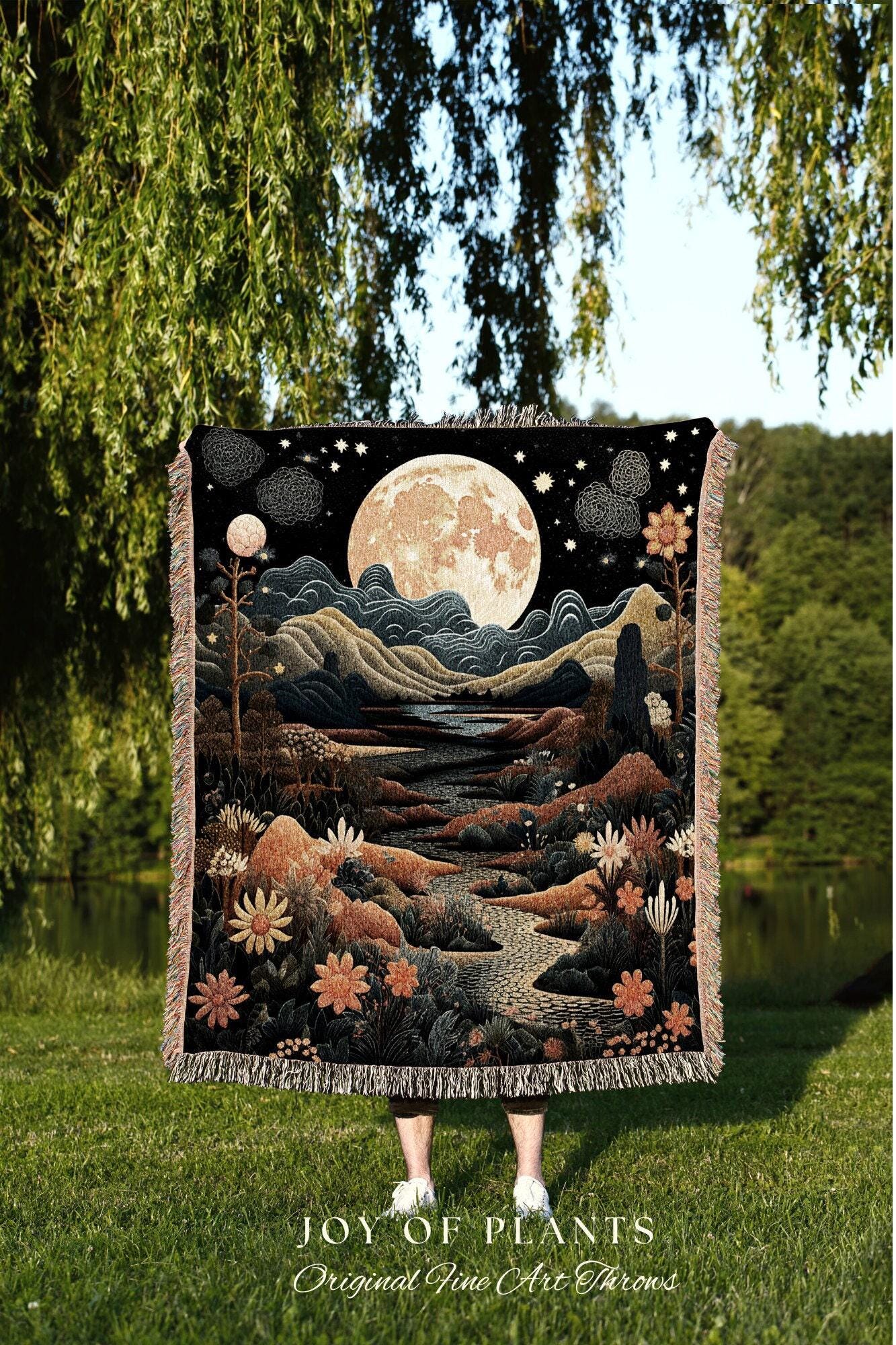 Narcissus Birth Month Flower Tapestry Full Moon Landscape | Custom December Birthday Gift Woven Blanket Personalized Birth Flower December |