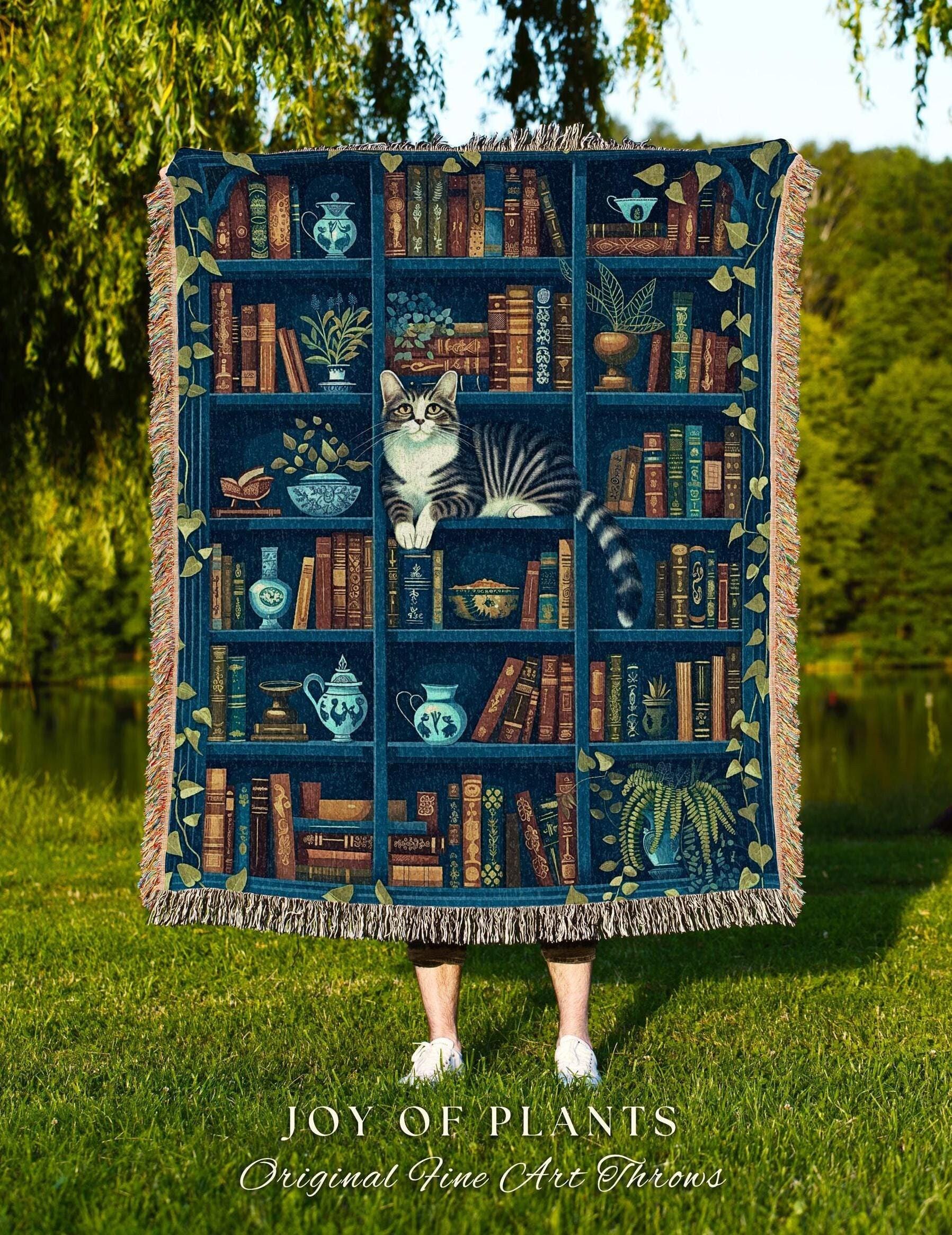 Whimsical Cat on a Bookshelf Woven Blanket | Dark Cottagecore Bedding Medieval Wall Art Witchy Botanical Moody Home Decor Victorian Gothic