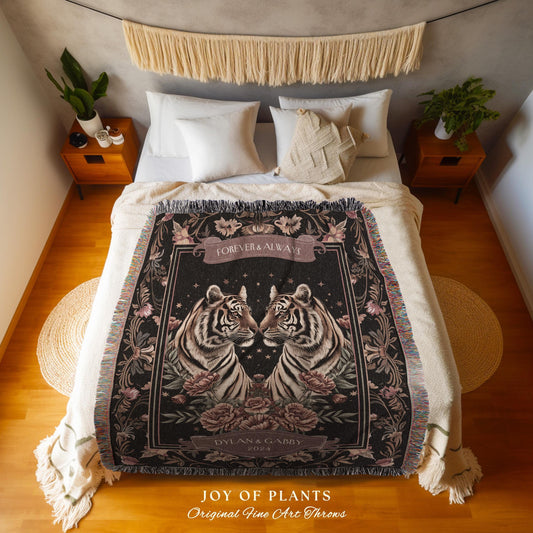 Forever and Always Tiger Tapestry Throw Blanket | Custom Saying Gift for Partner Cozy Woven Starry Night Blanket Personalized Anniversary |