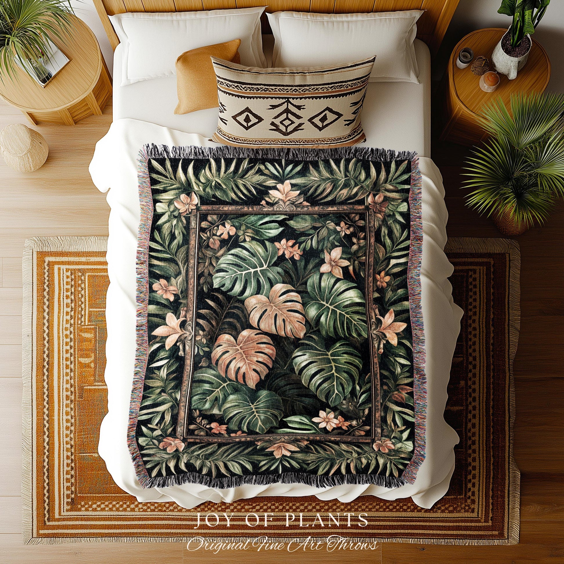 Floral Foliage Woven Monstera Tapestry | Whimsical Cottagecore Charm Jungle Vibes Forestcore Throw Enchanted Houseplant Lover Boho Blanket