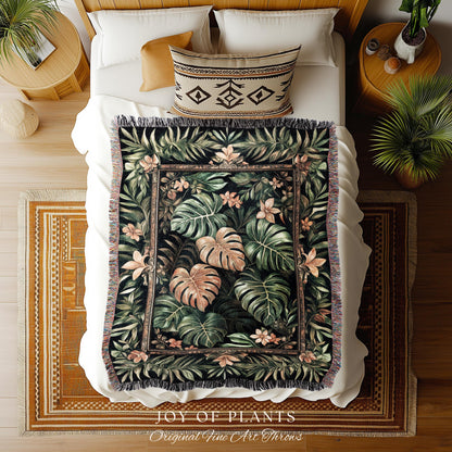 Floral Foliage Woven Monstera Tapestry | Whimsical Cottagecore Charm Jungle Vibes Forestcore Throw Enchanted Houseplant Lover Boho Blanket