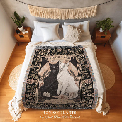 Tarot Cat Couple Blanket 'The Lovers' | Witchy Aesthetic Woven Throw Custom His and Hers Gift for Girlfriend Dark Academia Cat Tapestry |