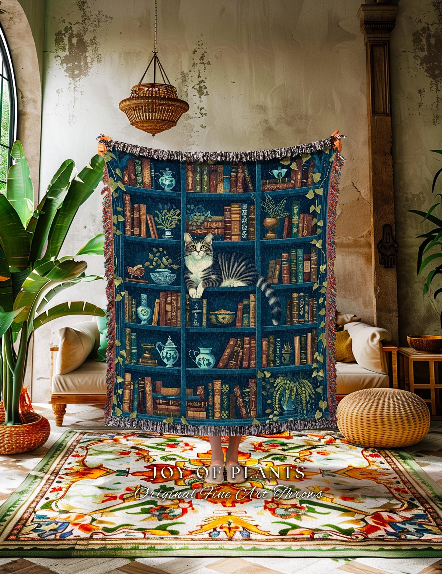 Whimsical Cat on a Bookshelf Woven Blanket | Dark Cottagecore Bedding Medieval Wall Art Witchy Botanical Moody Home Decor Victorian Gothic