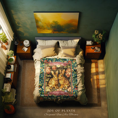 Soft Victorian Floral Rabbit Couple Blanket | Woodland Fairycore Bunny Blanket Cute Couples Woven Tapestry Pastel Cottagecore Personalized