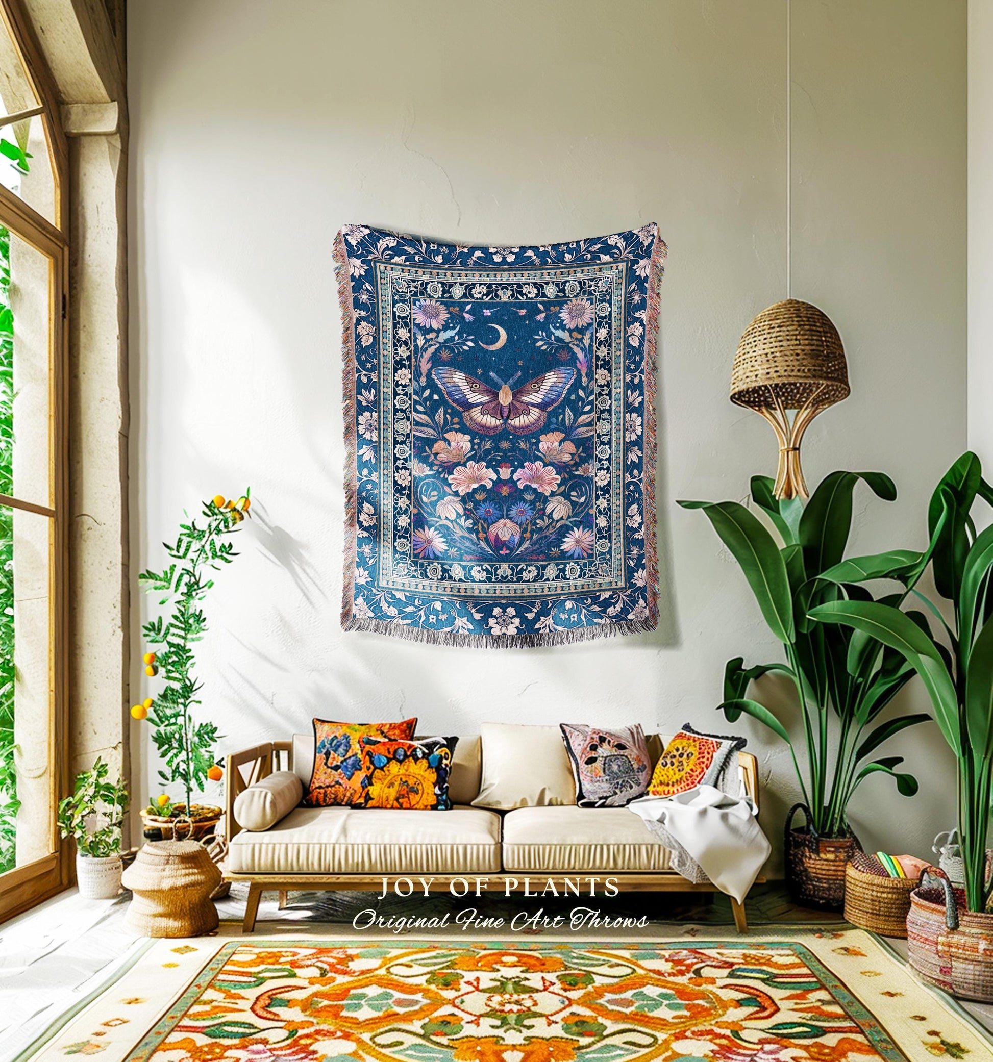 Amethyst Celestial Moth Blanket | Witchy Ethereal Bohemian Butterfly Coverlet Woven Tapestry Blanket Pea Flower Purple Dark Cottagecore Home