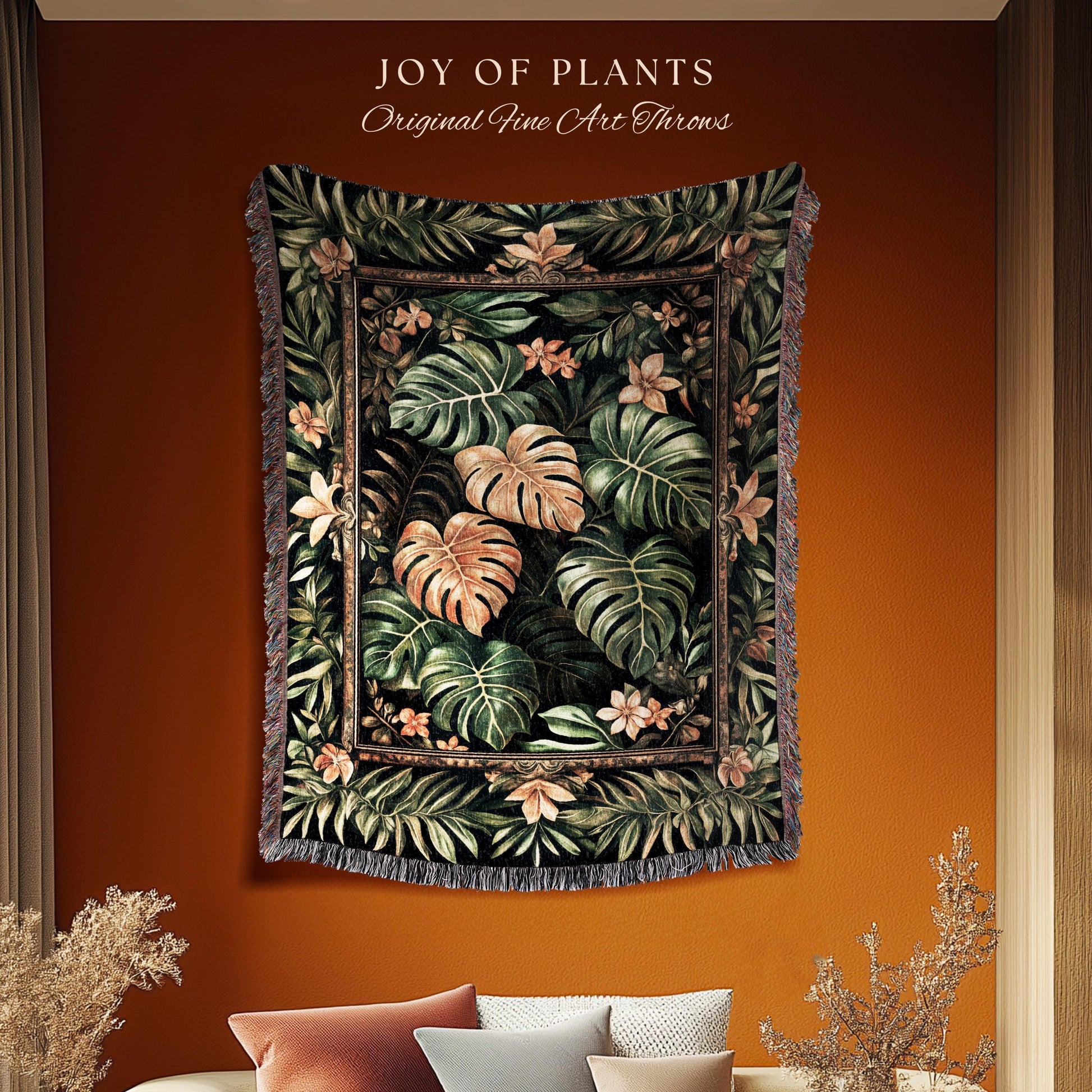 Floral Foliage Woven Monstera Tapestry | Whimsical Cottagecore Charm Jungle Vibes Forestcore Throw Enchanted Houseplant Lover Boho Blanket