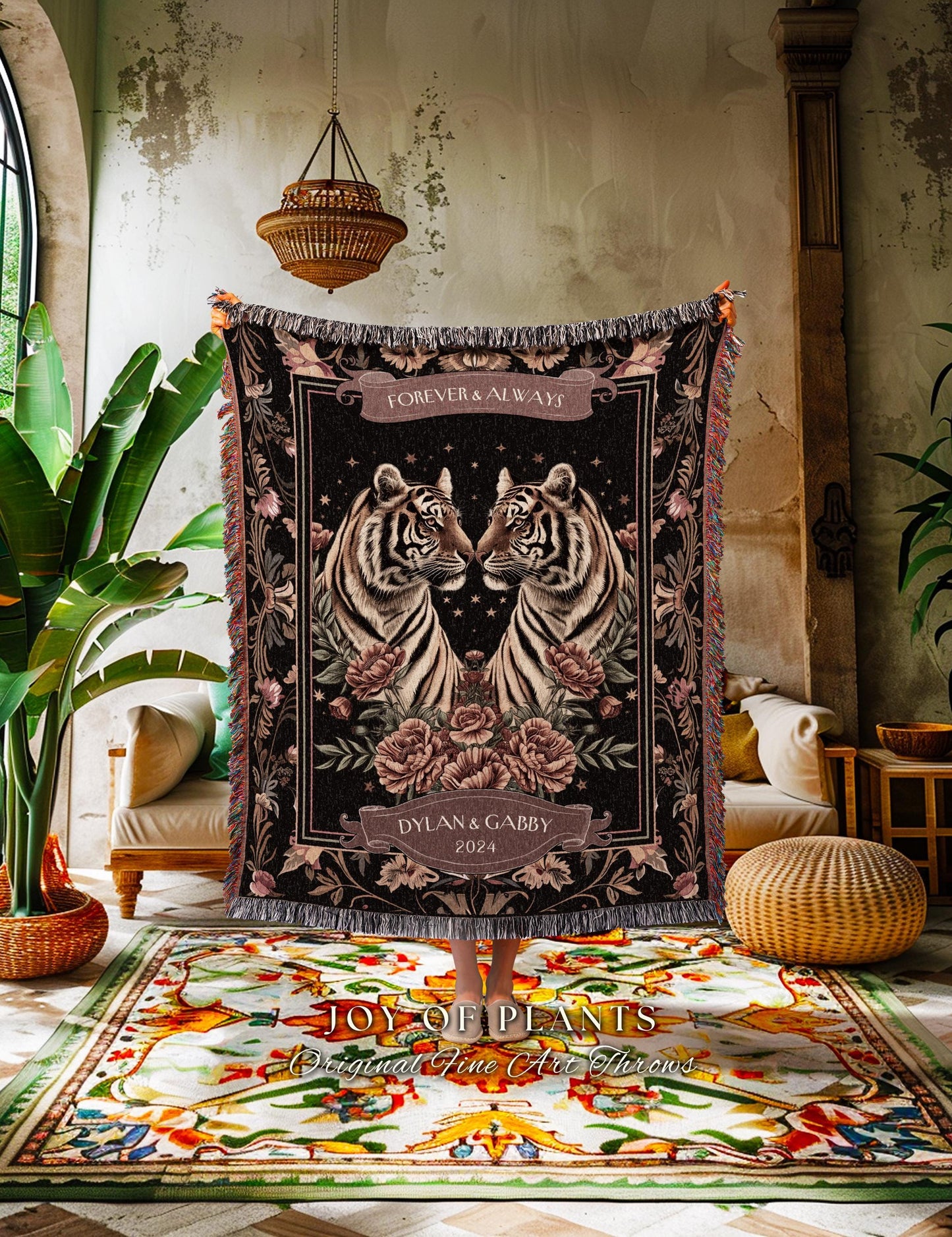 Forever and Always Tiger Tapestry Throw Blanket | Custom Saying Gift for Partner Cozy Woven Starry Night Blanket Personalized Anniversary |