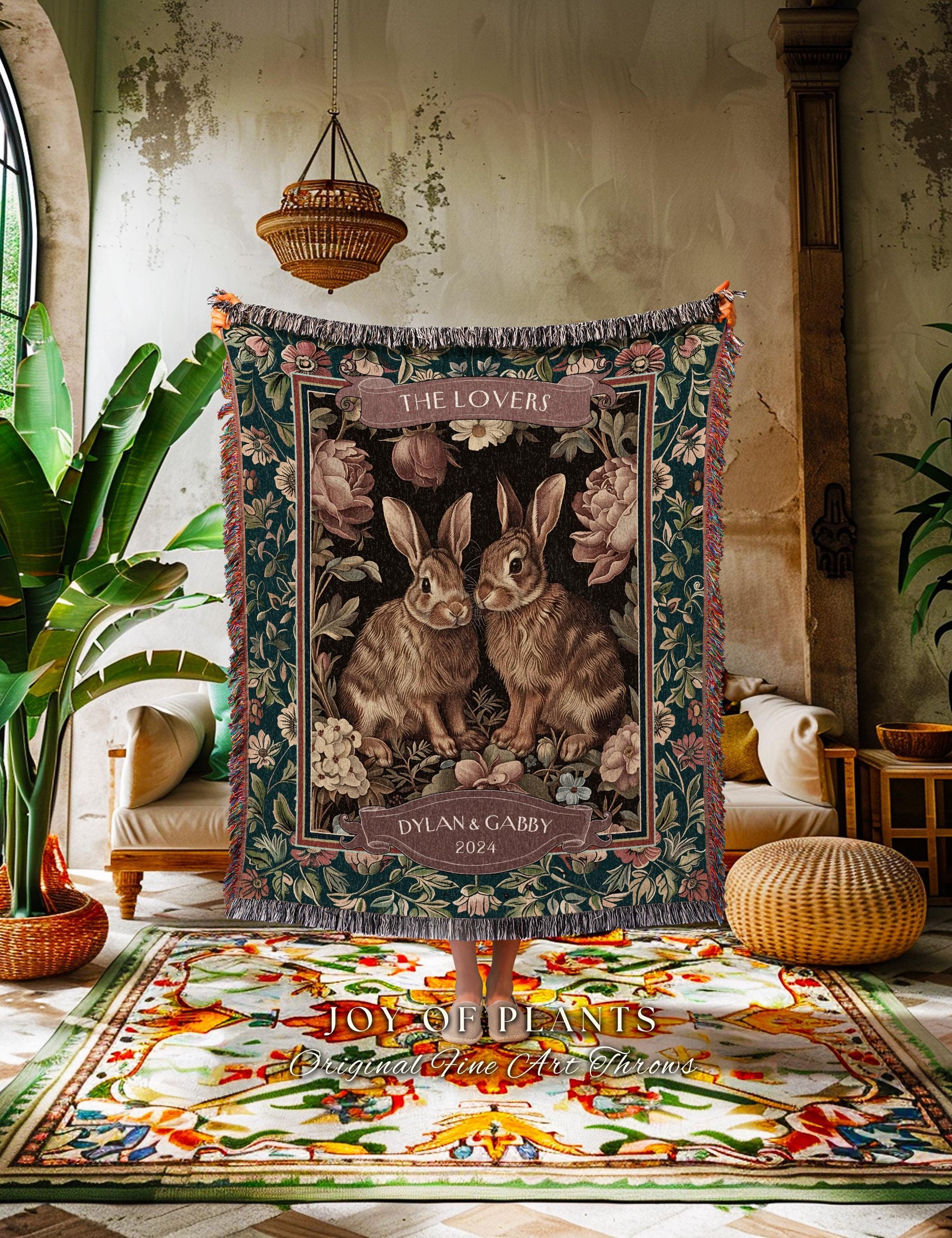 Soft Victorian Floral Rabbit Couple Blanket | Woodland Fairycore Bunny Blanket Cute Couples Woven Tapestry Pastel Cottagecore Personalized