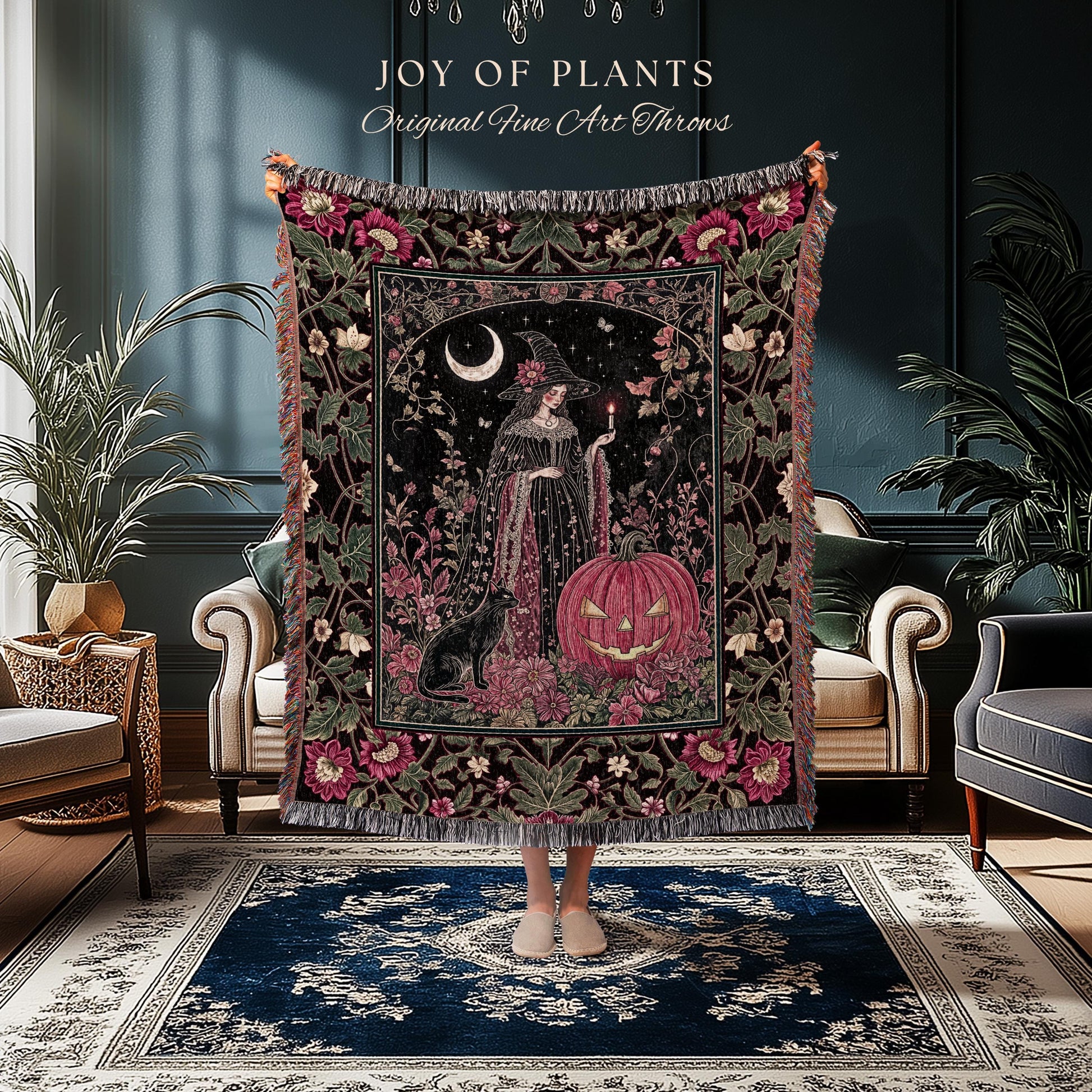 Retro Black Cat Witchy Aesthetic Blanket | Whimsigothic Decor Magical Woven Wall Tapestry Mystic Academia Cozy Dark Cottagecore Berry Pink |