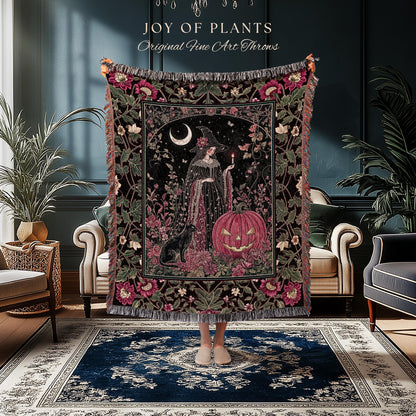 Retro Black Cat Witchy Aesthetic Blanket | Whimsigothic Decor Magical Woven Wall Tapestry Mystic Academia Cozy Dark Cottagecore Berry Pink |