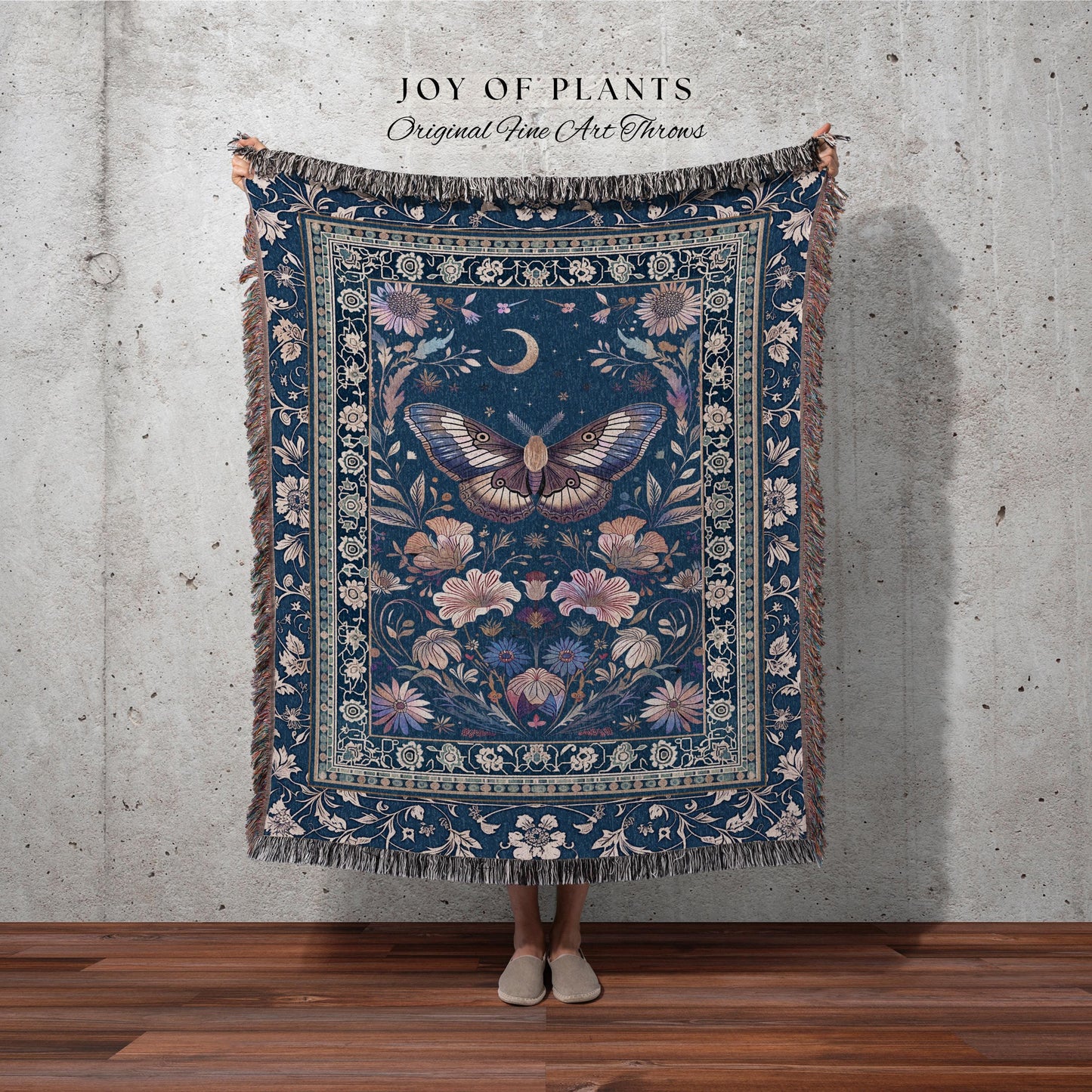 Amethyst Celestial Moth Blanket | Witchy Ethereal Bohemian Butterfly Coverlet Woven Tapestry Blanket Pea Flower Purple Dark Cottagecore Home