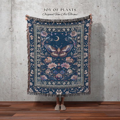 Amethyst Celestial Moth Blanket | Witchy Ethereal Bohemian Butterfly Coverlet Woven Tapestry Blanket Pea Flower Purple Dark Cottagecore Home