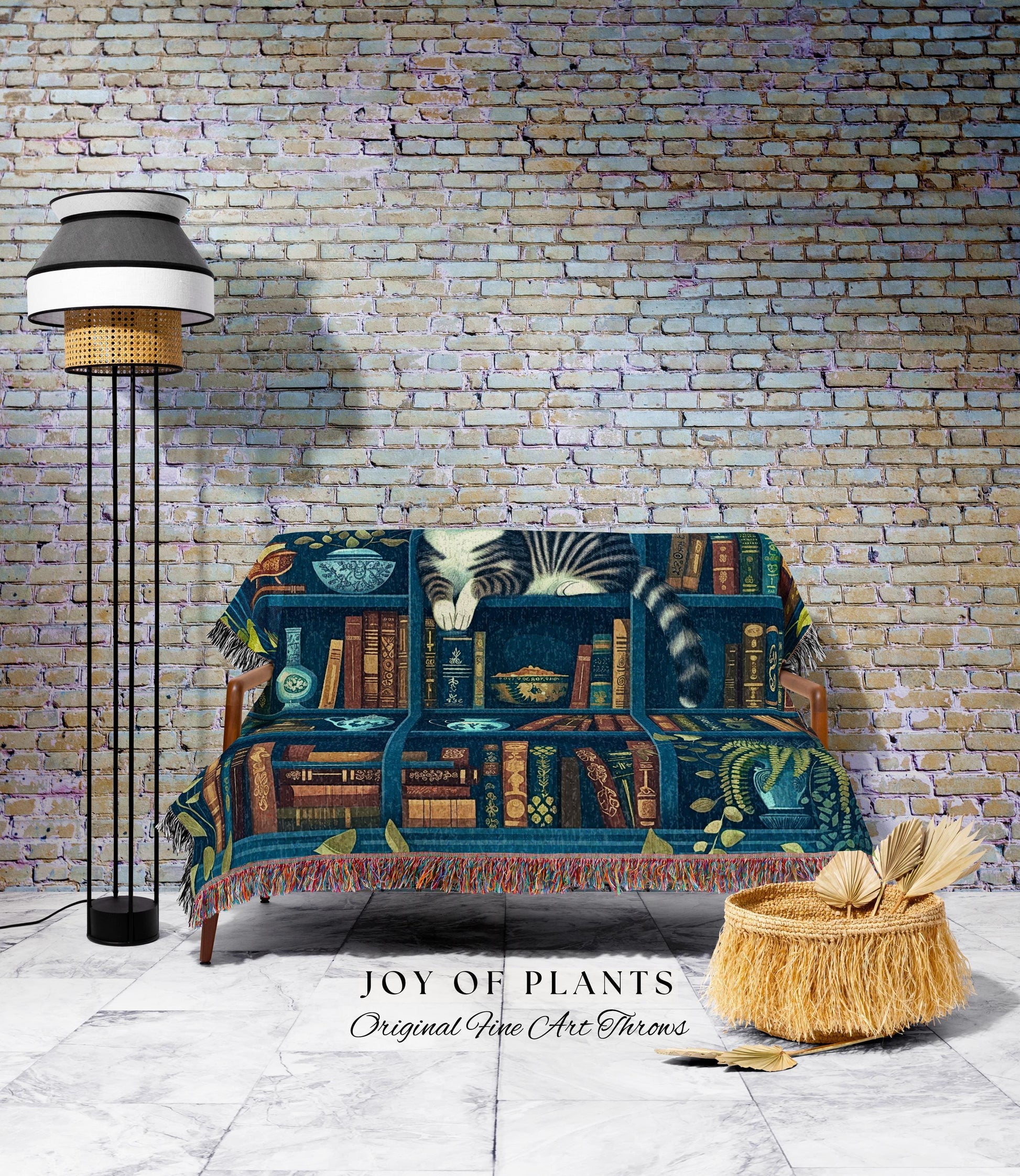 Whimsical Cat on a Bookshelf Woven Blanket | Dark Cottagecore Bedding Medieval Wall Art Witchy Botanical Moody Home Decor Victorian Gothic