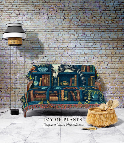 Whimsical Cat on a Bookshelf Woven Blanket | Dark Cottagecore Bedding Medieval Wall Art Witchy Botanical Moody Home Decor Victorian Gothic