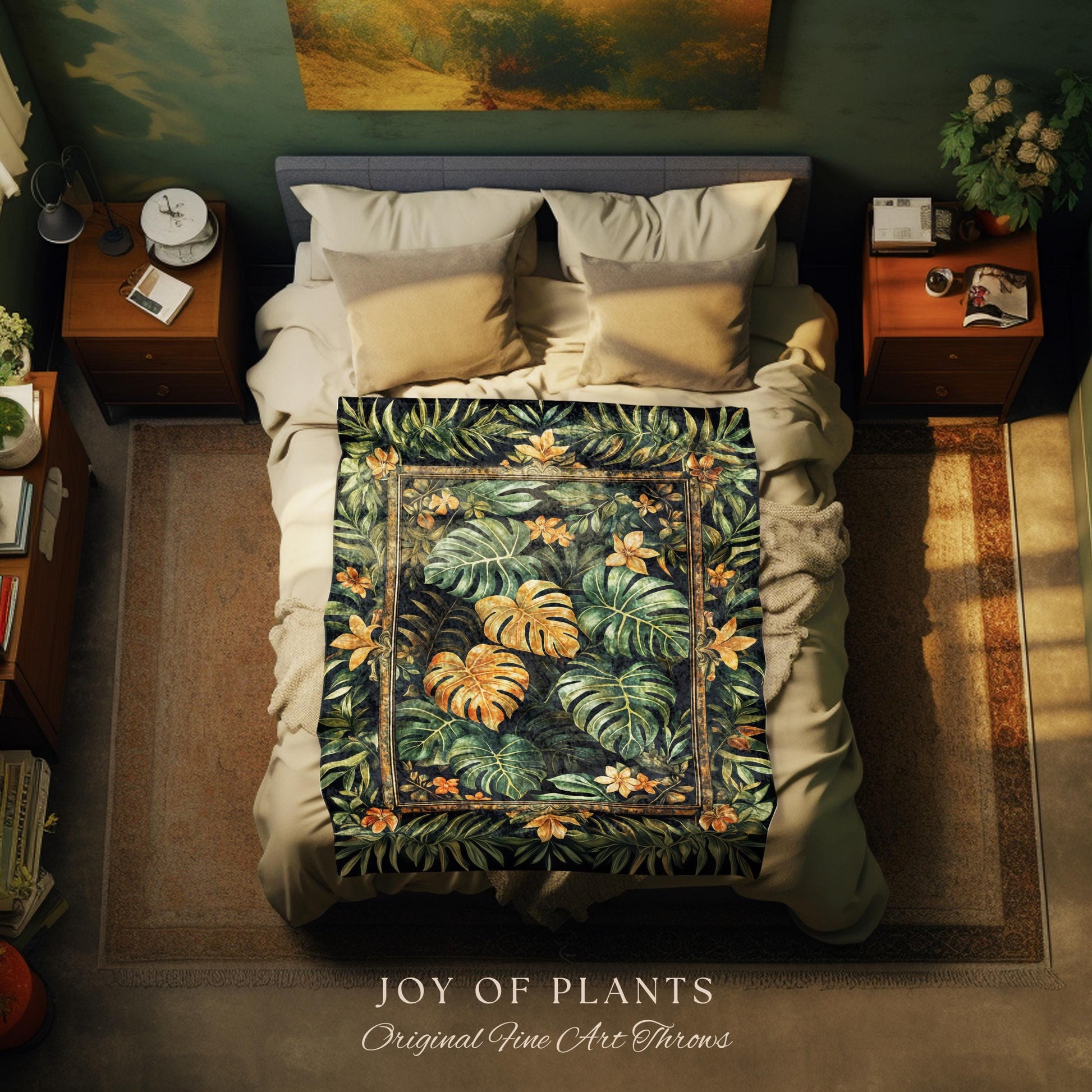 Floral Foliage Woven Monstera Tapestry | Whimsical Cottagecore Charm Jungle Vibes Forestcore Throw Enchanted Houseplant Lover Boho Blanket