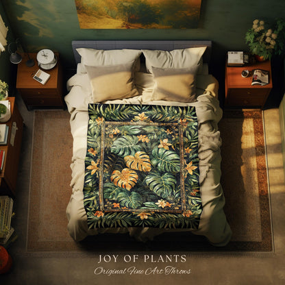 Floral Foliage Woven Monstera Tapestry | Whimsical Cottagecore Charm Jungle Vibes Forestcore Throw Enchanted Houseplant Lover Boho Blanket