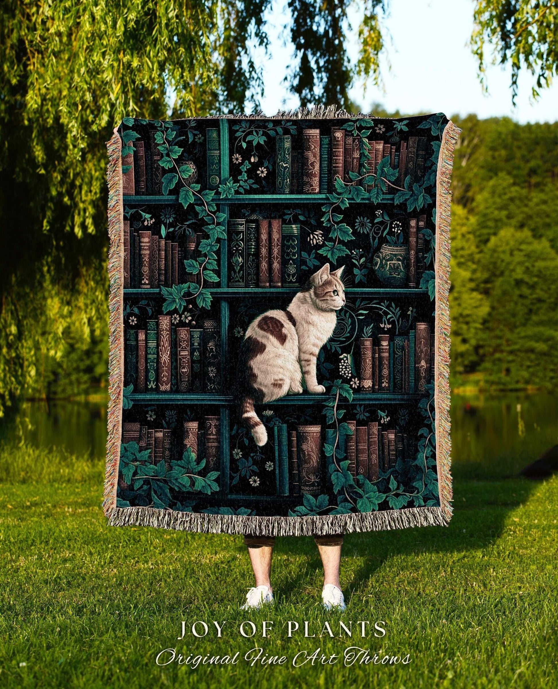 Witchy Cat Bookshelf Tapestry Gothic | Whimsigothic Bedroom Decor Reading Blanket Dark Cottagecore Woven Wall Hanging Vintage Botanical Cozy