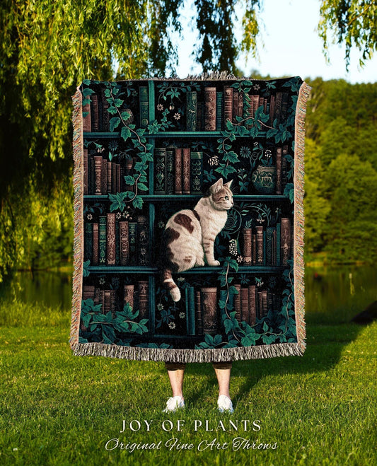 Witchy Cat Bookshelf Tapestry Gothic | Whimsigothic Bedroom Decor Reading Blanket Dark Cottagecore Woven Wall Hanging Vintage Botanical Cozy