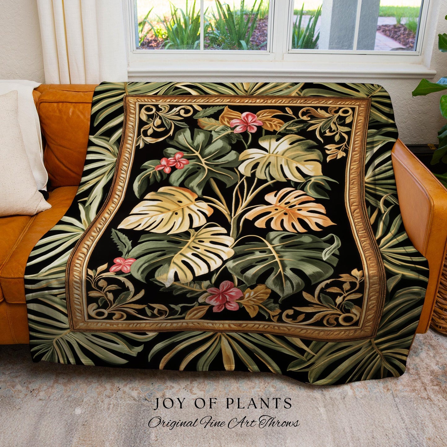 Trendy Tropical Leaves Woven Coverlet | Whimsical Wall Art Monstera Tapestry for Plant Lovers Maximalist Jungle Cottagecore Whimsy Blanket |