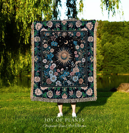 Colorful Maximalist Boho Sun Blanket | Whimsigothic Tarot Tapestry Woven Celestial Spiritual Decor Bohemian Indie Bedroom Sun and Moon Cozy