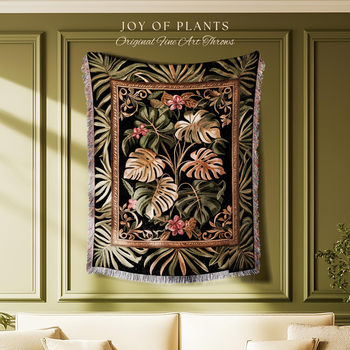 Trendy Tropical Leaves Woven Coverlet | Whimsical Wall Art Monstera Tapestry for Plant Lovers Maximalist Jungle Cottagecore Whimsy Blanket |