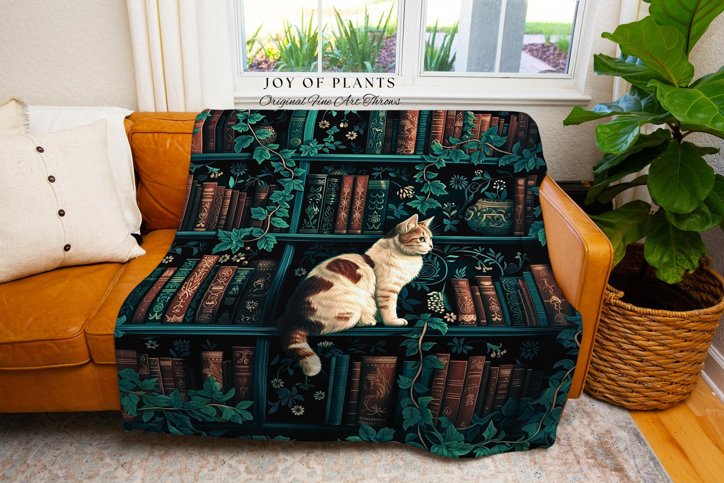 Witchy Cat Bookshelf Tapestry Gothic | Whimsigothic Bedroom Decor Reading Blanket Dark Cottagecore Woven Wall Hanging Vintage Botanical Cozy