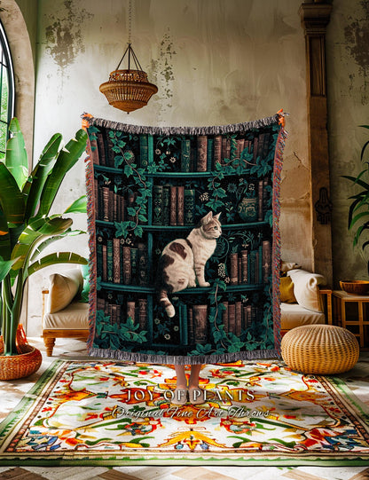 Witchy Cat Bookshelf Tapestry Gothic | Whimsigothic Bedroom Decor Reading Blanket Dark Cottagecore Woven Wall Hanging Vintage Botanical Cozy