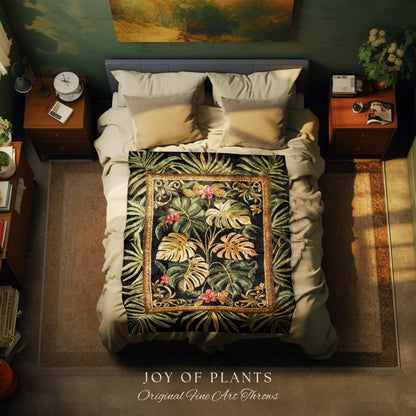 Trendy Tropical Leaves Woven Coverlet | Whimsical Wall Art Monstera Tapestry for Plant Lovers Maximalist Jungle Cottagecore Whimsy Blanket |