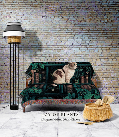 Witchy Cat Bookshelf Tapestry Gothic | Whimsigothic Bedroom Decor Reading Blanket Dark Cottagecore Woven Wall Hanging Vintage Botanical Cozy