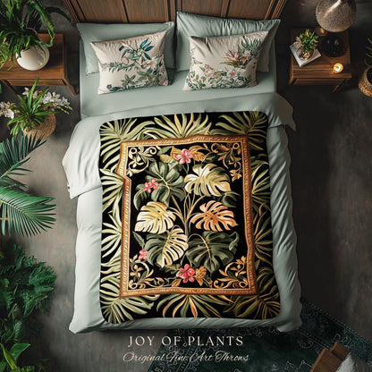 Trendy Tropical Leaves Woven Coverlet | Whimsical Wall Art Monstera Tapestry for Plant Lovers Maximalist Jungle Cottagecore Whimsy Blanket |