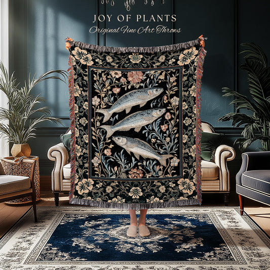 Beachy Costal Fish Tapestry Woven | Sea Life Marine Blanket Sardine Throw Ocean Inspired Tapestry Sea Lover Wall Decor Maritime Aesthetic |
