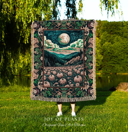 Elegant Harvest Moon Cozy Throw Blanket | Spooky Season Aesthetic Gothic Decor Whimsigoth Pumpkin Rustic Autumn Tapestry Witchy Landscape |
