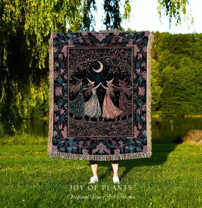 Mystic Midnight Witchcraft Throw Blanket | Whimsical Witch Circle Home Decor Storybook Aesthetic Woven Tapestry Witchy Academia Cozy Vibe |