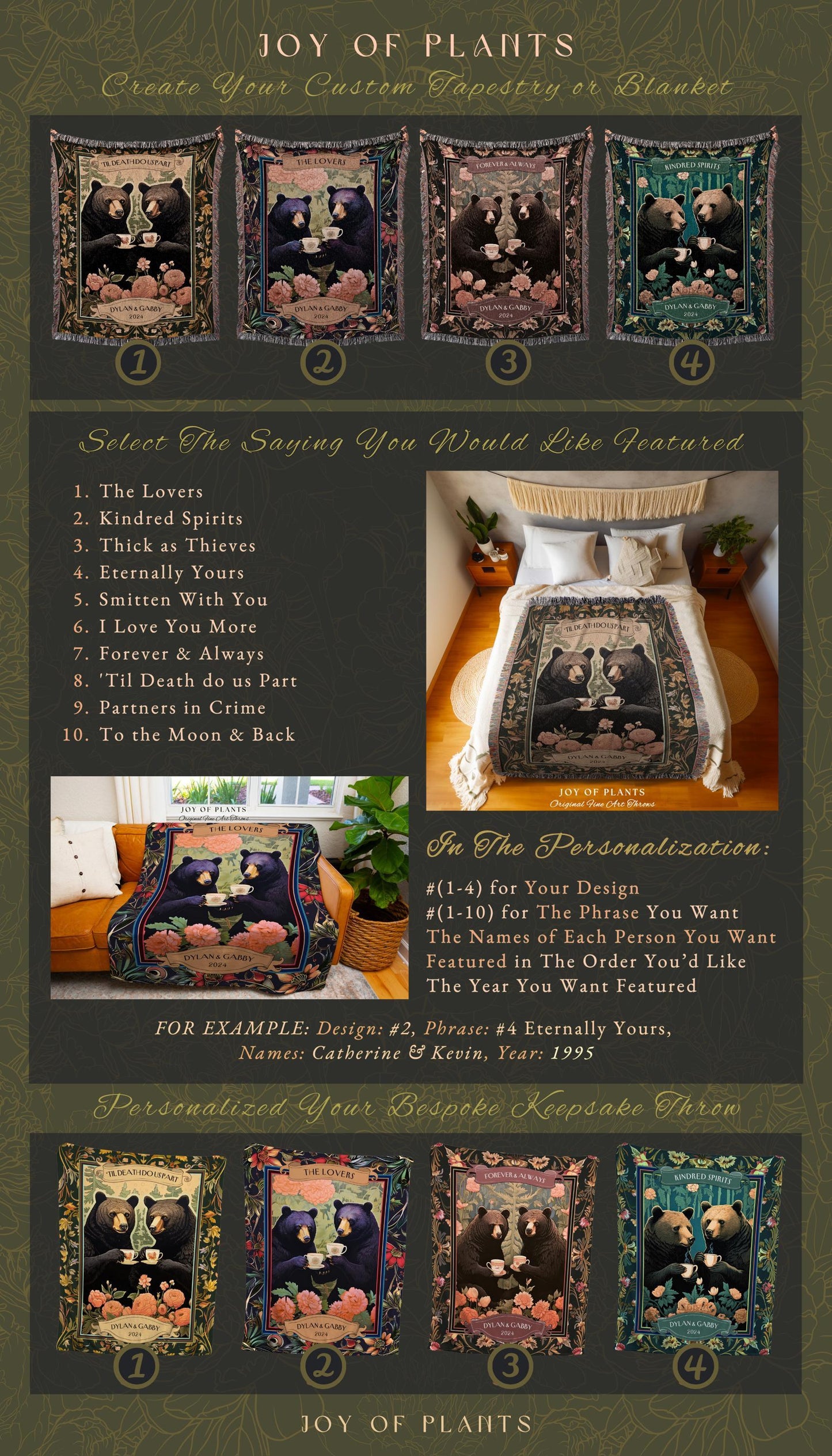 Heartwarming Couples Gift Personalized Blanket | Quaint Woodland Bears Custom Anniversary Woven Tapestry Cute Gift Storybook Aesthetic Gift