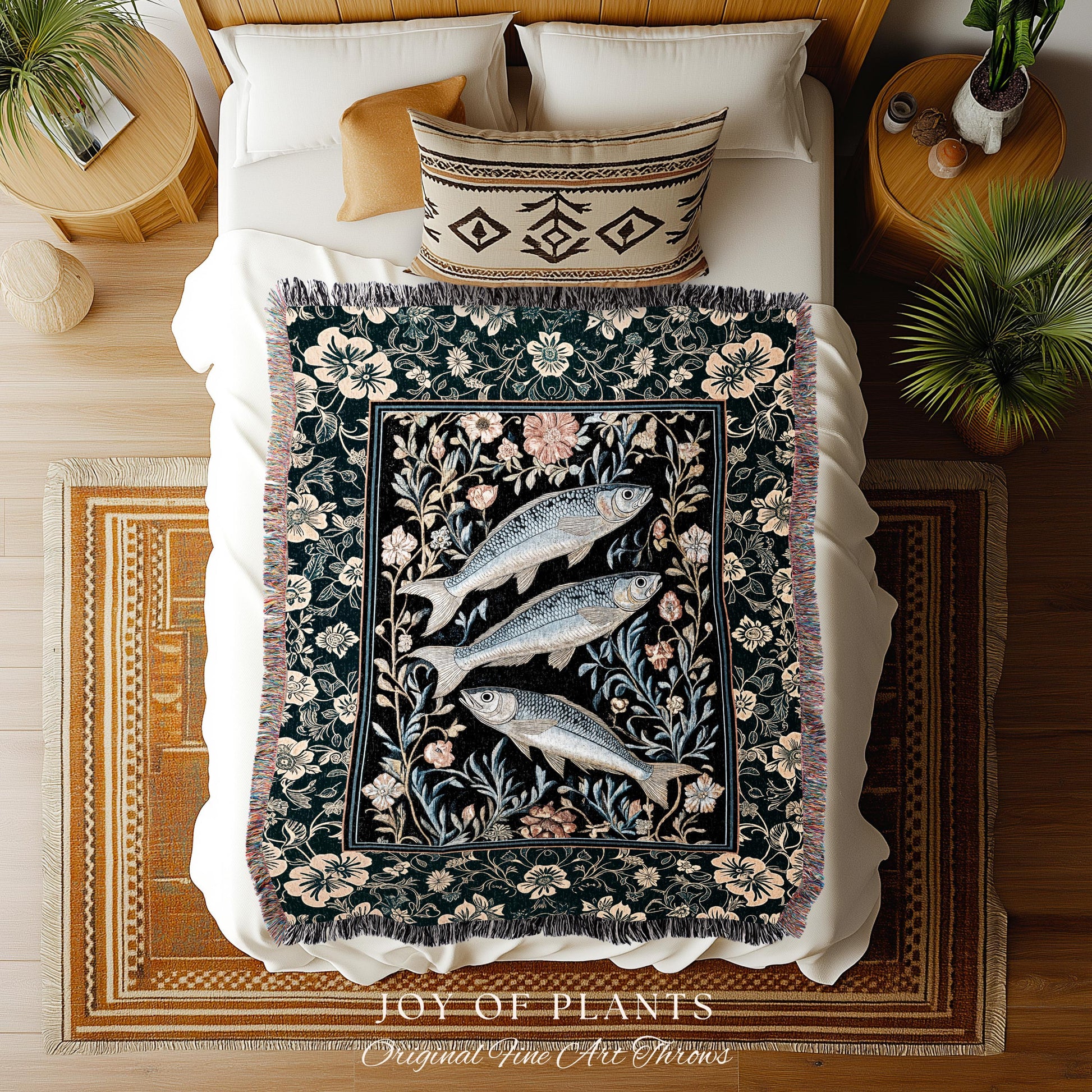 Beachy Costal Fish Tapestry Woven | Sea Life Marine Blanket Sardine Throw Ocean Inspired Tapestry Sea Lover Wall Decor Maritime Aesthetic |
