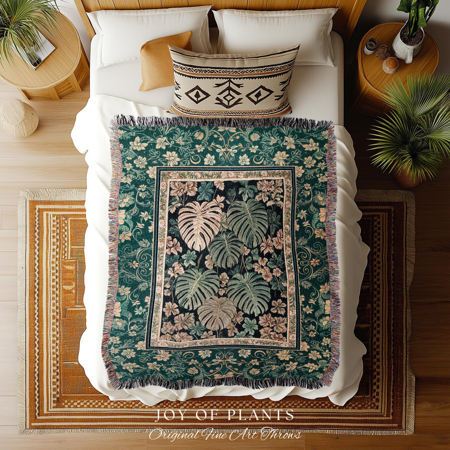 Enchanted Grove Woven Fringe Tapestry | Forestcore Home Decor Cottagecore Maximalist Blanket Whimsical Monstera Vibes Trendy Bedroom Artwork