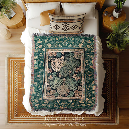 Enchanted Grove Woven Fringe Tapestry | Forestcore Home Decor Cottagecore Maximalist Blanket Whimsical Monstera Vibes Trendy Bedroom Artwork