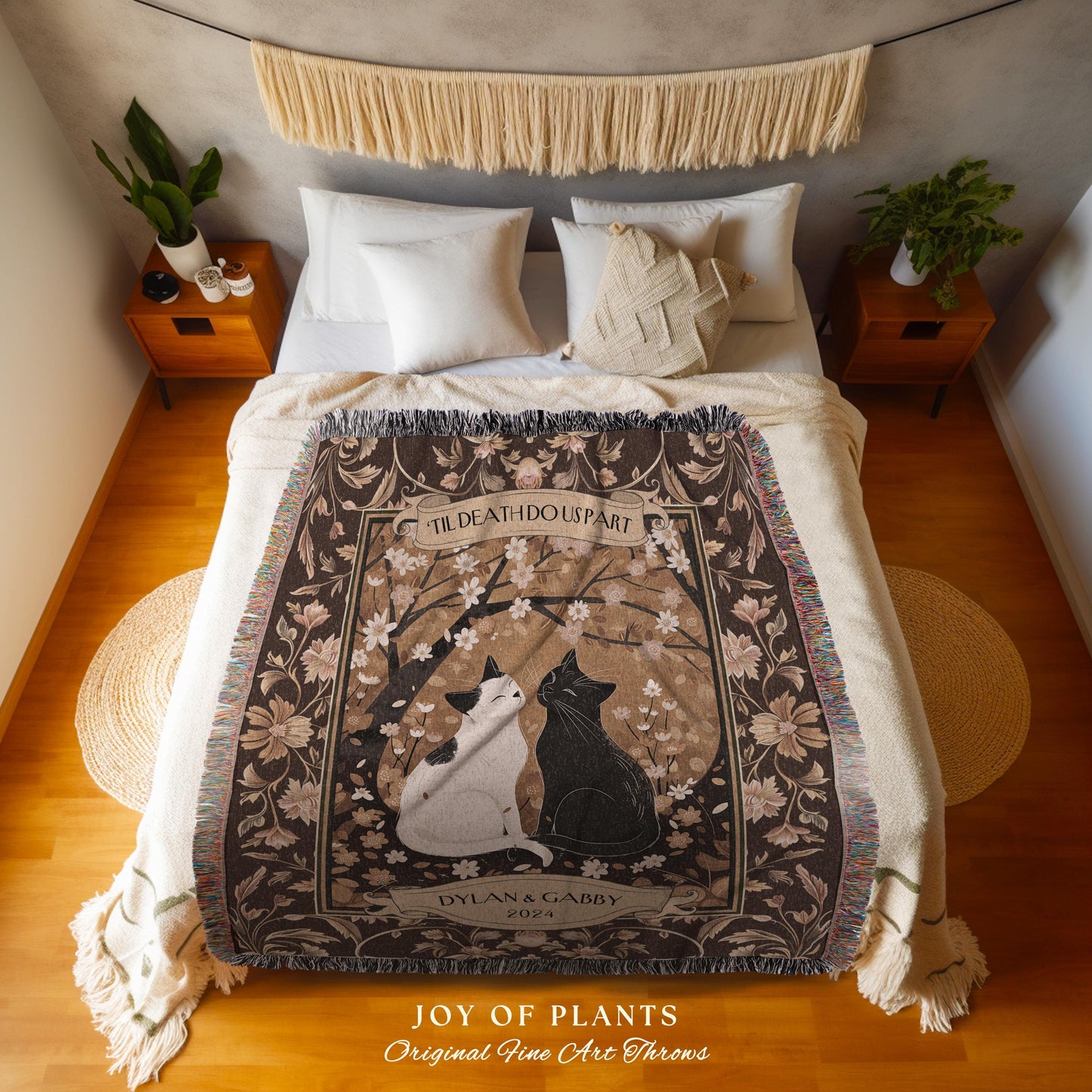 Romantic Cat Couple Custom Woven Blanket | Ethereal Woodland Aesthetic Woven Throw Custom Dark Academia Gift for Girlfriend Enchanted Forest