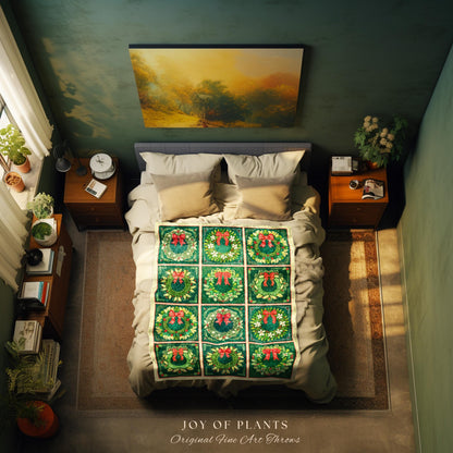 Rustic Green Checkered Blanket Christmas Wreath Woven Throw Farmhouse Holiday Decor | Vintage Aesthetic Woodland Cottagecore Winter Tapestry