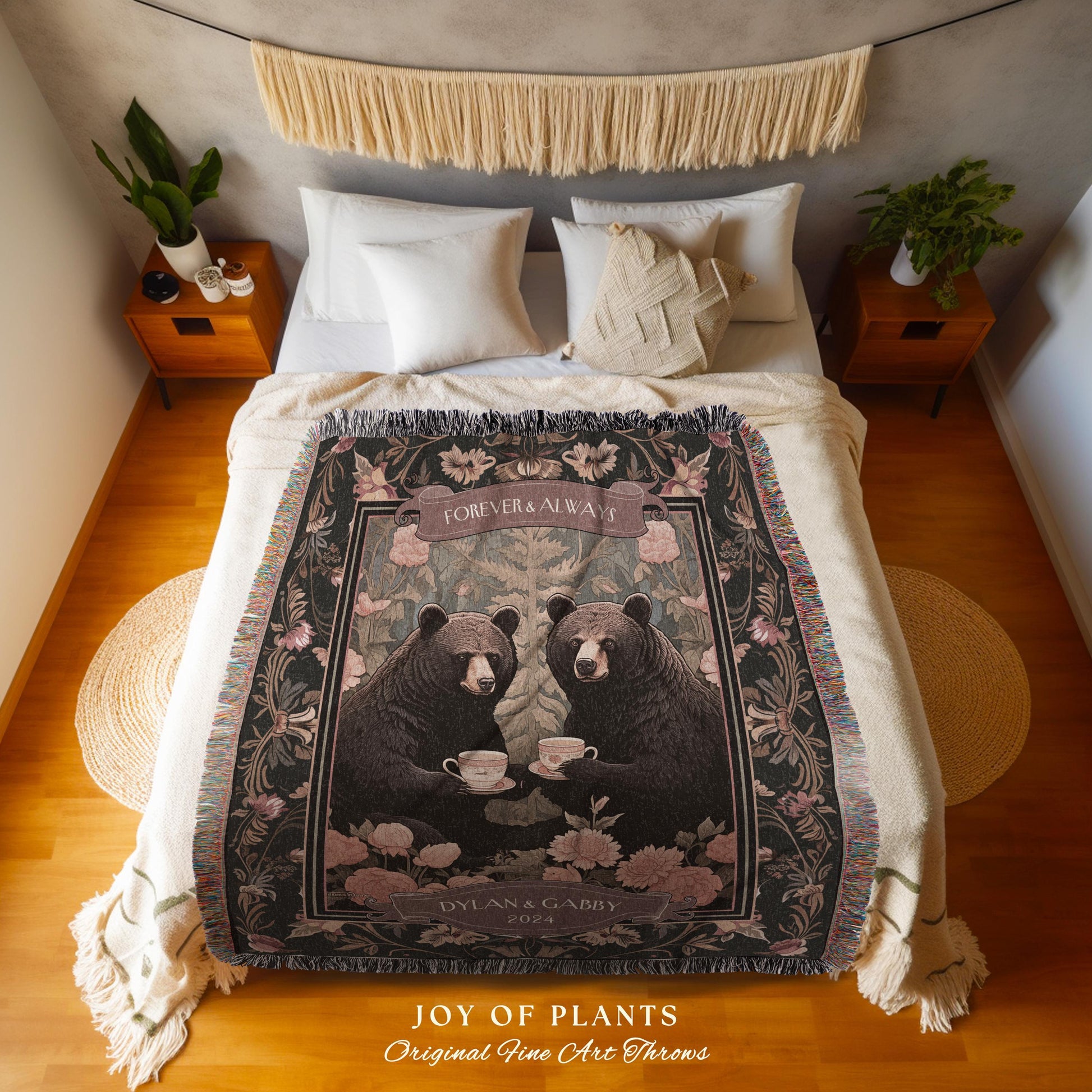 Heartwarming Couples Gift Personalized Blanket | Quaint Woodland Bears Custom Anniversary Woven Tapestry Cute Gift Storybook Aesthetic Gift